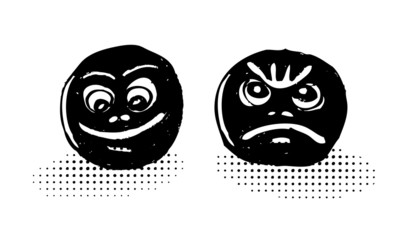 Grunge theatre masks lucky and sad, with halftone shadows