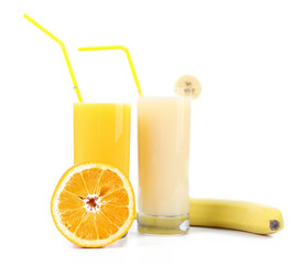 Two glasses of orange juice and banana juices
