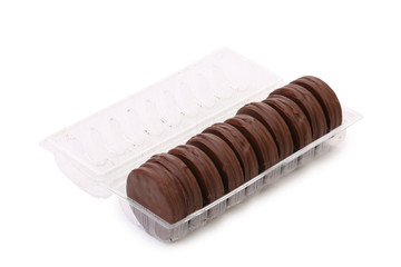 Bitten biscuit sandwich with chocolate.