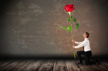 ein kniender Mann hält eine große rote Rose