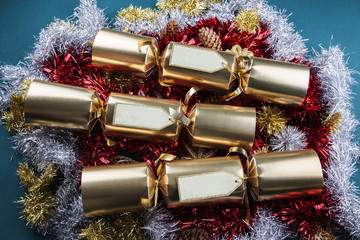 Christmas Crackers with blank labels - red, gold, silver and gre