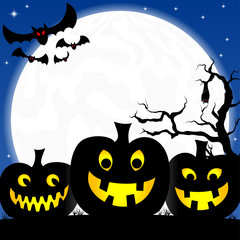 halloween background with pumpkins, full moon and bats