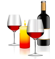 candle light dinner - Flasche Rotwein mit zwei Gläsern