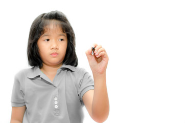 Closeup asian little girl writing on empty screen,