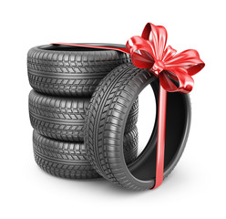Tyres with a red ribbon. Present. 3D Icon isolated on white back