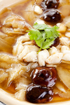 closeup of the shark fin soup, Chinese food, white background