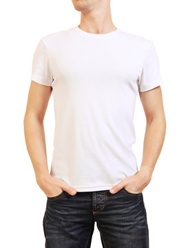 Image of white t-shirt on a young man isolated on white