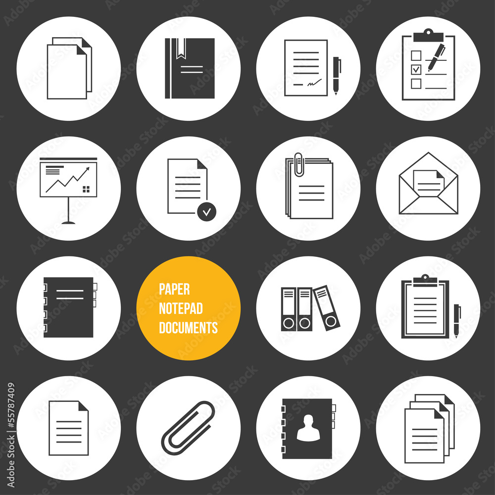 Poster vector notepad paper documents icons set