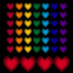 Rainbow hearts on black background