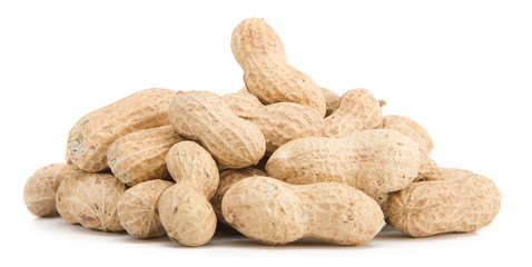 Heap of dried peanut isolated on white background