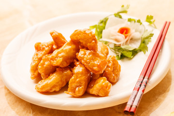 Chinese food. Chicken with sweet and sour sauce