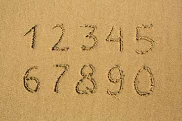 Numbers from one to ten, written on a sandy beach.