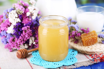 Obraz na płótnie Canvas Honey and milk on wooden table close-up