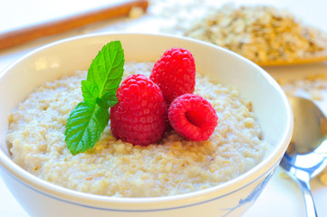 Oatmeal and Raspberries in a White Bowl