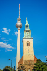 Close up of Fernsehturm and Marienkirche in Berlin, Germany