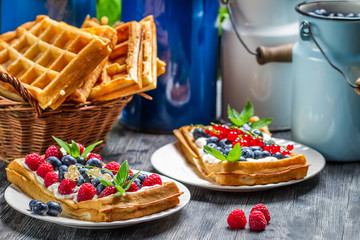 Waffles with fruit and whipped cream