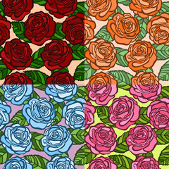 set of seamless background.  roses with green leaves. old style.