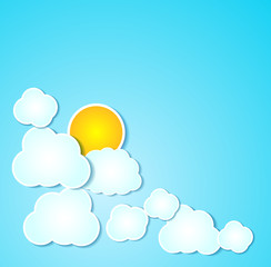 Paper clouds with sun  illustrated background on blue.