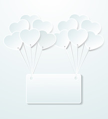 Background with balloons in the shape of heart and note paper.