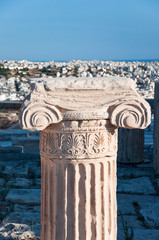 Ionic capital and panorama of Athens on the background.
