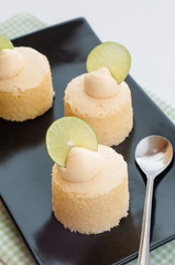 Delicious homemade japanese cheesecake garnished with lime.