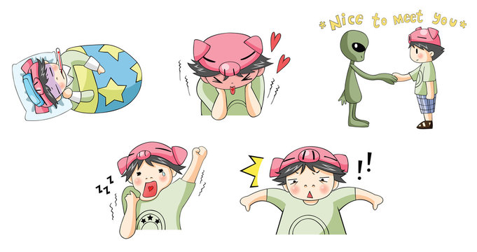 Piggy boy cartoon icon in various action set 5