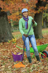 Autumn - woman raking autumn leaves in the garden