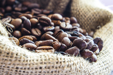 Coffee beans in wool bag