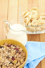 Delicious and healthy cereal in bowl with milk