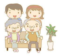 ソファーに座る家族