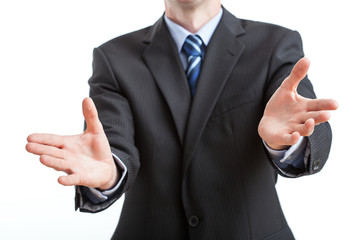 Welcome sign shown by businessman