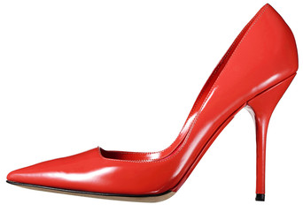 Single red leather ladies court shoe