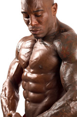 Fototapeta na wymiar Topless black bodybuilder. Strong man