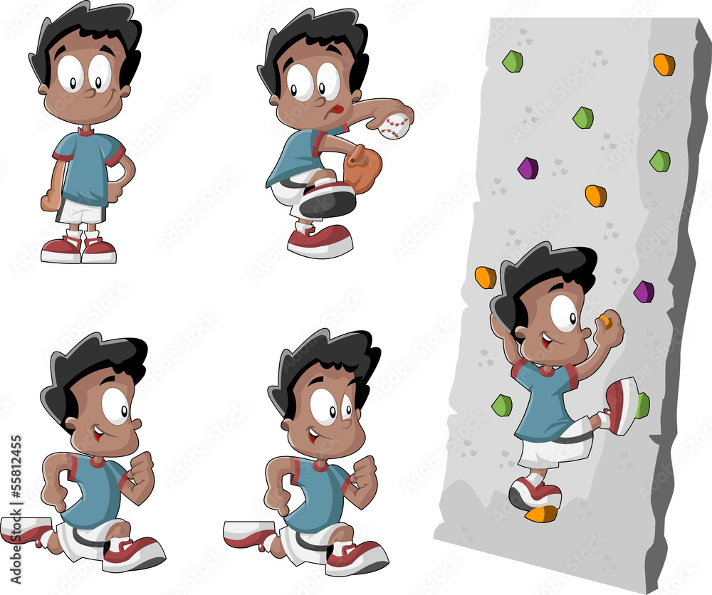 Wall mural Cartoon black boy playing baseball, running and climbing