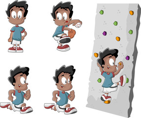 Cartoon black boy playing baseball, running and climbing