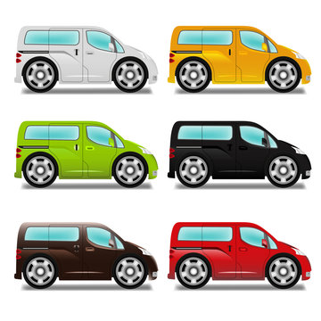 Cartoon minivan with big wheels, six different colors.