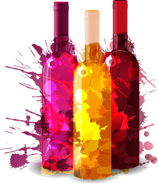 Fototapeta Grupa butelek wina vith grunge plamy. Czerwony, różowy i biały.