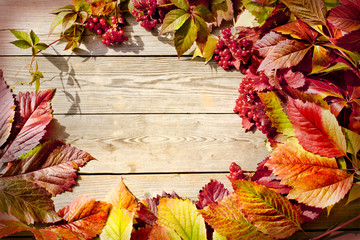 Autumn border from apples and fallen leaves on old wooden table