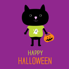 Black cat with Halloween trick or treat pumpkin bucket