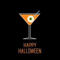 Martini glass with orange cocktail and eyeball. Halloween card.