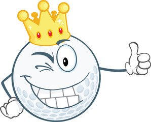 Winking Golf Ball Character With Gold Crown Holding A Thumb Up