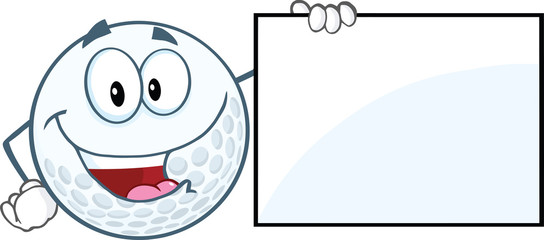 Happy Golf Ball Cartoon Character Showing A Sign