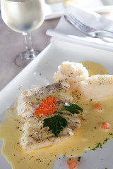 Grilled Salmon with saffron sauce and wine