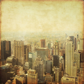 Old style photo of skyscrapers in New York City.