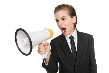 Little businessman with megaphone. Furious little boy in formalw