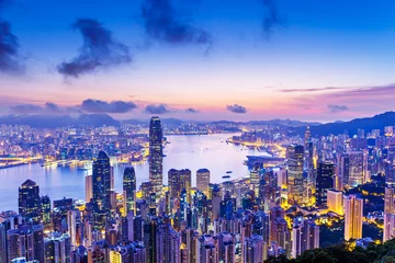 Fotobehang Hong-Kong Skyline van Hong Kong bij zonsopgang