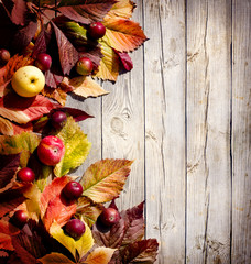 Naklejka na ściany i meble Autumn border from apples and fallen leaves on old wooden table