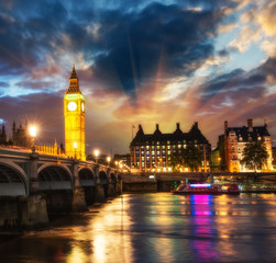 Stunning sunset view of London skyline. The Houses of Parliament