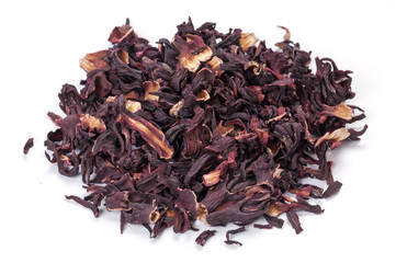 Heap of Hibiscus tea on white
