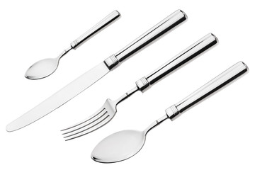 New cutlery set - spoon, fork and knife flatware, isolated on wh